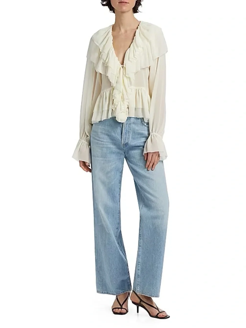Ronny Kobo Collection Cream Ruffled V-Neck Peplum Blouse - Picture 2 of 3